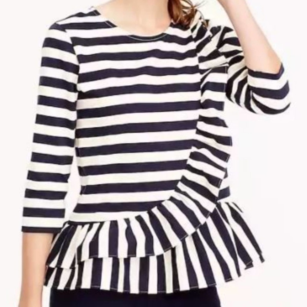 J. Crew Navy and White Striped Ruffle Peplum Top